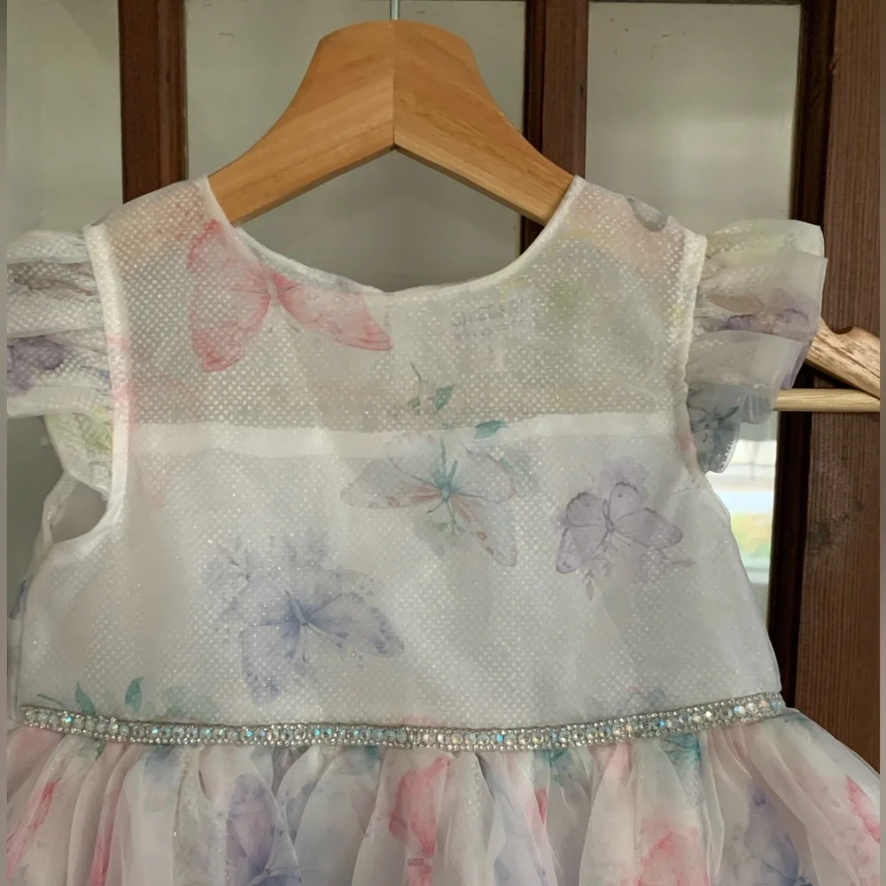 Blueberi Boulevard elegant white dress with soft pastel butterfly print size 5